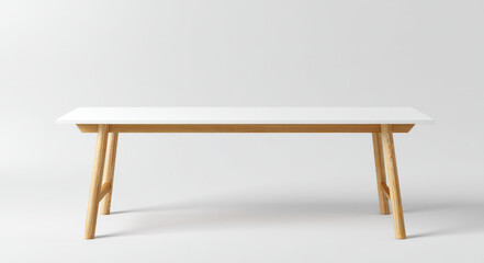 a white rectangular dining table with wooden legs, in the style of Nordic style, minimalist design, front view