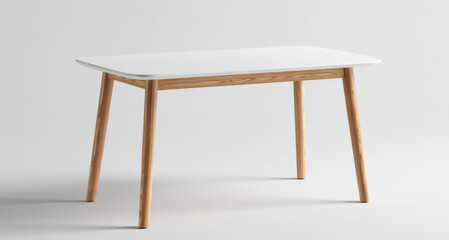a white rectangular dining table with wooden legs, in the style of Nordic style, minimalist design, front view