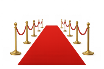 Red carpet leading to success with golden stanchions and transparent background