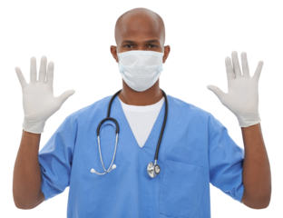 Doctor, portrait and professional gloves or exam protection virus, disease or infection. Black person, surgical safety as healthcare or isolated on transparent png background or sample, help or test