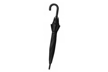 Closed black umbrella with transparent background, minimally representing protection from rain