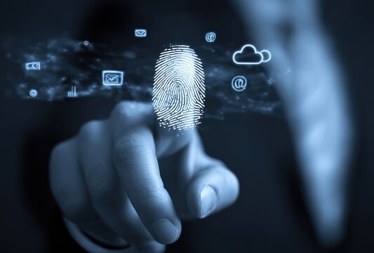 Finger pointing to a glowing fingerprint surrounded by digital icons in a dark blue, blurry, conceptual setting - Powered by Adobe