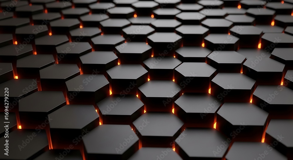 Poster dark hexagonal pattern with glowing orange light from beneath, creating a futuristic and abstract ba