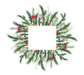 Watercolor Christmas green fir tree branches square frame with red berry, bow, candy. Evergreen twig festive arrangement. New Year hand drawn illustration. Watercolour artistic template design.