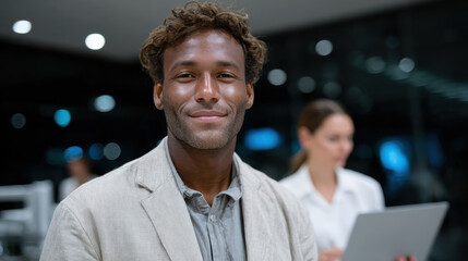 A smiling Black man stands confidently at his workplace, engaged in a professional setting, conveying a sense of positivity and readiness to connect with others.