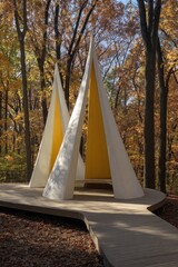 White pointed structure with yellow interior sits on wooden platform in a fall forest, sunlight dappling the scene