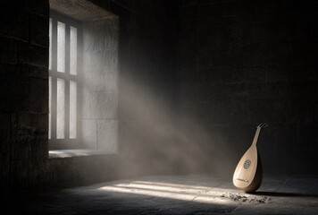 Stone room interior with barred window and sunlight, showcasing an oud on the floor with dust motes