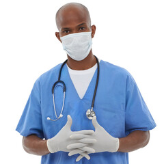 African, doctor and portrait in mask with gloves, confident and medical worker patient wellness...