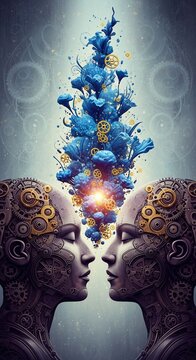 Two steampunk figures facing each other with blue floral and gear abstraction above them in the light