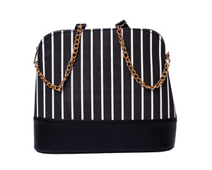 Stylish black and white striped handbag with golden chain strap.