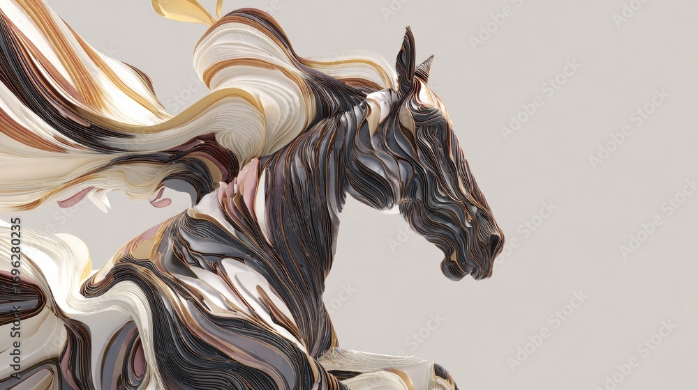 Poster stylized horse sculpture with flowing lines and elegant colors displayed in a minimalist setting