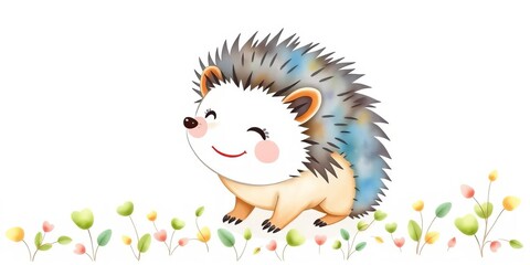 Fototapeta premium Smiling watercolor hedgehog, minimalist style, tiny leaves, whimsical design , spring, tiny