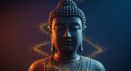 Isolated ancient golden Buddhist statue of a god's face in peaceful meditation against a white background