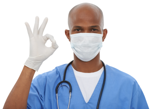 Black man, portrait and doctor with OK sign, mask and gloves isolated on a transparent PNG background. African male person, nurse or medical professional with like emoji, yes sign or health success - Powered by Adobe