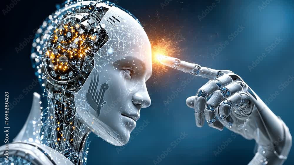 Poster a futuristic robot with intricate circuits and glowing elements touches its temple, symbolizing adva