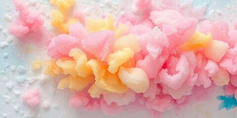 Fototapeta premium Soft pastel pink, yellow, & blue watercolor cotton candy rainbow splash on textured cotton candy background, cheerful, happy