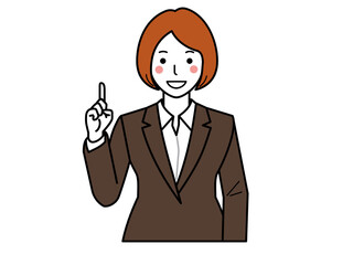 茶色のスーツ。ナンバー1ポーズをする女性