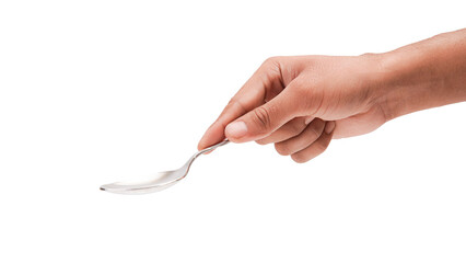 Hand holding a shiny silver spoon, isolated a