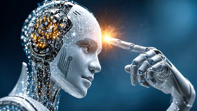 A futuristic robot with intricate circuits and glowing elements touches its temple, symbolizing advanced thinking and artificial intelligence