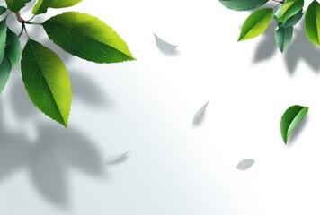 Vibrant green leaves dangle from branches, casting delicate shadows on a bright, clean white background, with scattered white petals