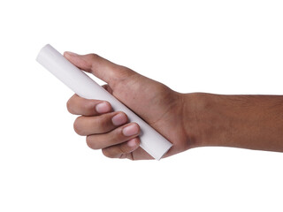 Hand holding a piece of white chalk, isolated on a .