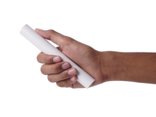 Hand holding a piece of white chalk, isolated on a .