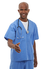 Happy black man, portrait and handshake for meeting or greeting isolated on a transparent PNG...