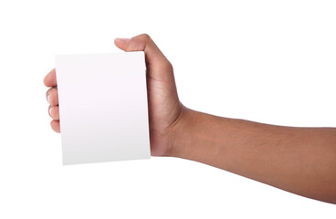 Hand holding blank white card isolated, copy space.
