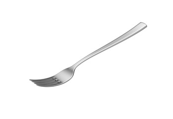 A sleek stainless steel fork with a reflective finish and a slightly curved handle. 3D Illustration
