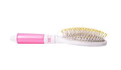 Pink and white hairbrush with strands of hair tangled in bristles, isolated on