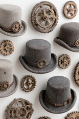 Grey top hats and aged bronze gears scattered on a clean white surface, arranged in a pattern
