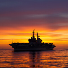 Fototapeta premium Aircraft Carrier Silhouette at Sunset Navy Power Maritime Strength