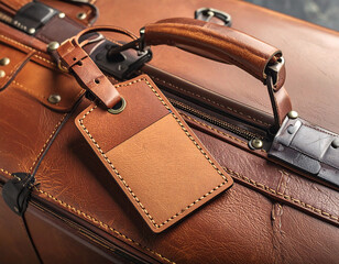 Closeup of leather luggage tag with buckle detail
