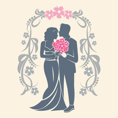 silhouette of a wedding couple, bride and groom, on the background of an arch with plants vector image