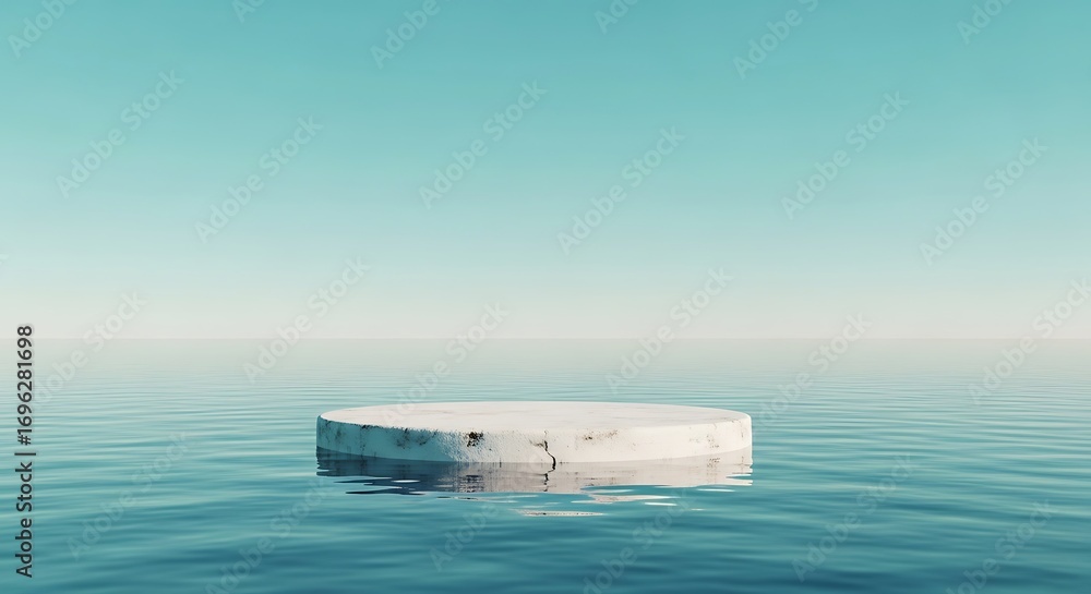 Poster a minimalist image of a white circular platform floating on calm water under a clear sky.