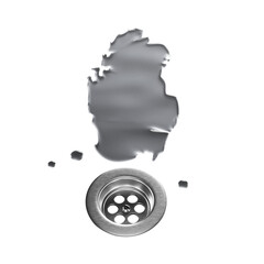 Qatar Water Map With Drainage Metal Sink Save Water. 3D Illustration