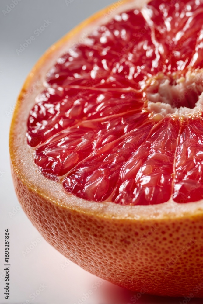 Poster close view of fresh half grapefruit with vibrant red flesh and textured rind showing juice segments
