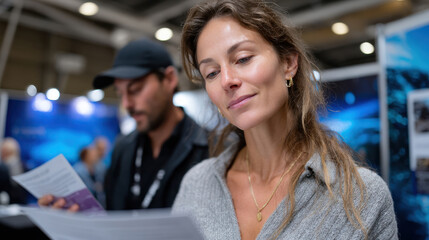A woman examines an informational brochure, showcasing her curiosity and professionalism at an engaging expo event with vibrant displays and fellow attendees around her.