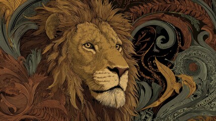 Illustration of a regal lion with a flowing mane, nestled amidst ornate, decorative swirls and foliage elements