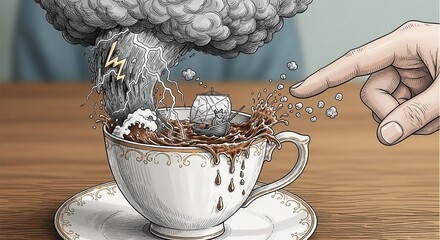 Small boat navigates stormy seas within a teacup as a finger looms overhead