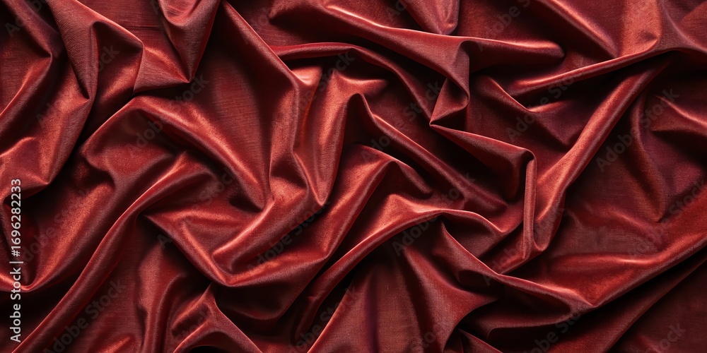Poster deep crimson red velour fabric with luxurious folds and subtle shimmering texture top down view