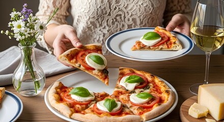 Margherita Pizza, Woman Eating, Italian Food, Delicious Meal, White Wine