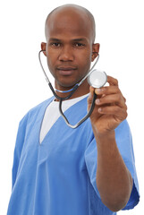 Man, doctor and portrait or stethoscope listen for medical advice, cardiology or isolated on...