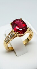 Luxury Oval Ruby and Diamond Gold Ring; Elegant Jewelry;  Studio Shot.