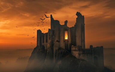 Obraz premium Castle ruin at orange sunset