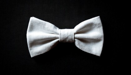 Off-white bow tie centered on a black surface, textured fabric, subtle lighting, simple, elegant formal wear
