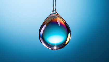 Luminous Iridescent Water Drop Suspended By A Thread Against A Soft Blue Background