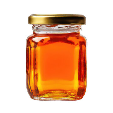 Small, square glass jar filled with amber liquid, gold lid
