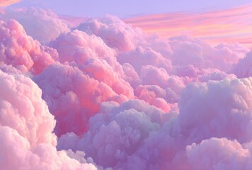Fluffy pastel clouds in dreamy pink, purple, and lavender hues fill the sky during a vibrant sunset