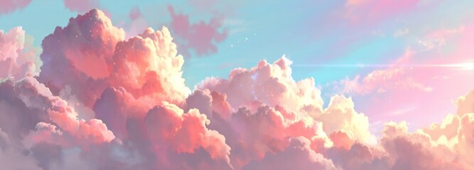Pastel sky painting showcases soft pink clouds illuminated by a bright, dreamy lens flare. Sky is light blue with scattered sparkles